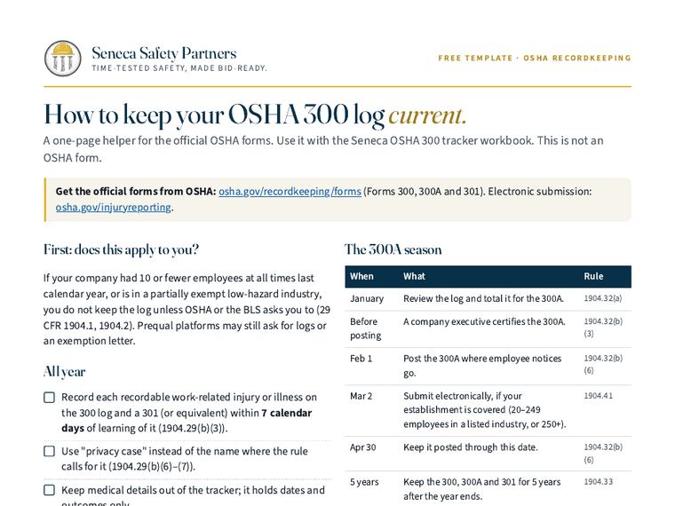 Preview of the OSHA 300 recordkeeping starter template