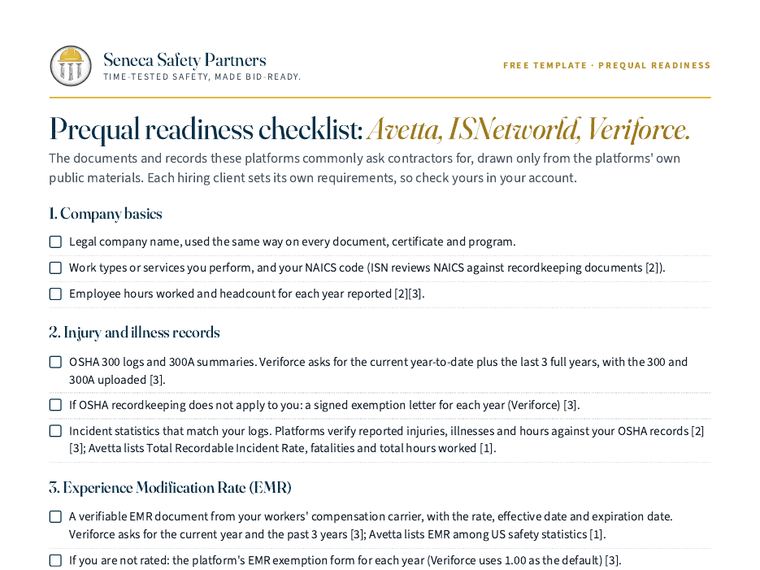 Preview of the Prequal readiness checklist template